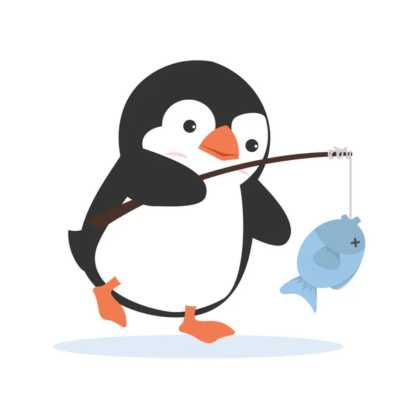 Pinguin Fischer Gefangen Fisch Vektor — Stockvektor