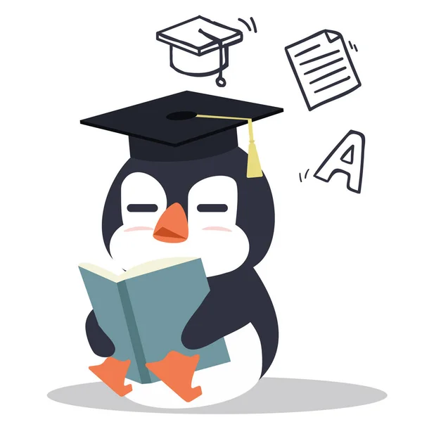 Tecknad Pingvin Läsa Bok Utbildning — Stock vektor