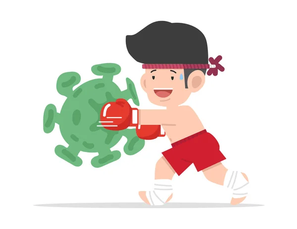 Cute Cartoon Muay Thai Boxer Luta Corona Vírus — Vetor de Stock