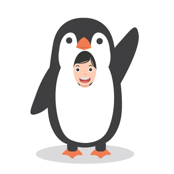 Söt Pojke Tecknade Bär Pingvin Kostym — Stock vektor