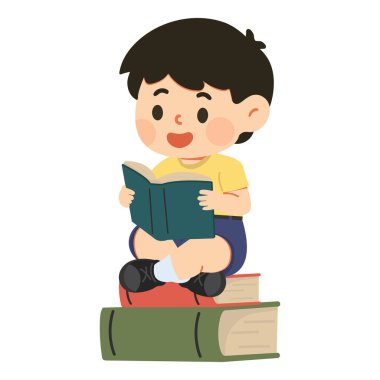 Cartoon Boy Reading Book on Stack of Books kid