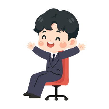 Neşeli ve anlamlı bir karikatür işadamı geniş bir gülümseme ve coşkulu bir jest ile tasvir edilir, saf neşe ve memnuniyeti somutlaştırır.