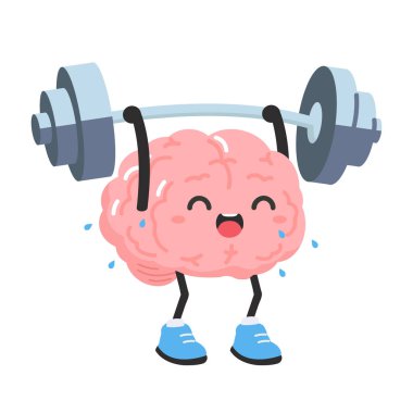 Hareketli ve kararlı bir çizgi film karakteri spor salonunda ya da eğitim ortamında ağır dambılları kaldırırken ciddi bir şekilde resmedilir.