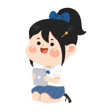 Dijital tablet elinde neşeli bir ifadeyle bir kız öğrencinin vektör çizimi. Modern eğitim kavramı, çevrimiçi öğrenim, okuldaki teknoloji ve genç öğrenciler için dijital yaşam tarzı.