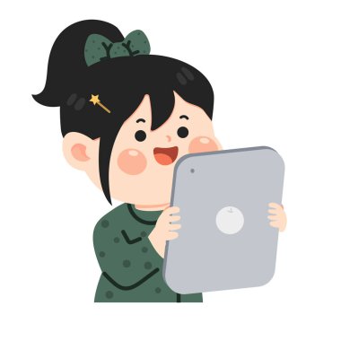 İçerde dijital tablet kullanan genç bir kızın şirin vektör çizimi. Çevrimiçi öğrenme, teknoloji, iletişim ve modern yaşam tarzı kavramı. Eğitim, öğrenim, e-öğrenme ve dijital jenerasyon temaları için mükemmel.