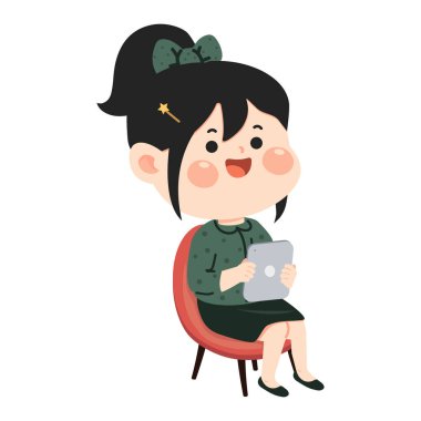 Dijital tablet kullanan genç bir kadının modern vektör çizimi. Çevrimiçi öğrenme, serbest çalışma ya da minimalist ve şık tasarımlı dijital yaşam tarzı kavramı. Teknoloji, eğitim ve iş konuları için mükemmel.