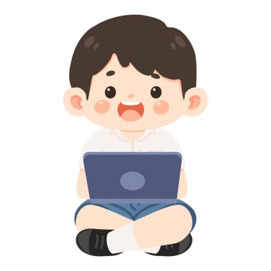 Dizüstü bilgisayar kullanan bir çizgi film öğrencisinin vektör çizimi. Çevrimiçi öğrenim, eğitim, teknoloji ve modern öğrenim yaşam tarzı kavramı. Okul, e-öğrenme ve dijital eğitim temaları için mükemmel.