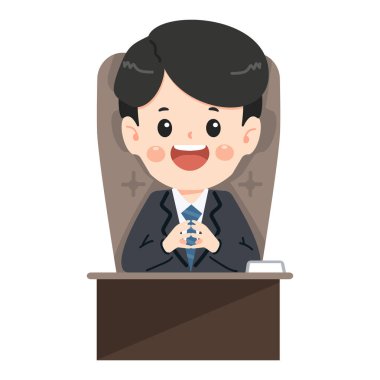 Masasında çalışan bir iş adamının vektör karikatür çizimi. Ofis işi, iş hayatı, verimlilik ve profesyonel yaşam tarzı kavramı. İş, teknoloji ve ev temalı tasarımlar için mükemmel..