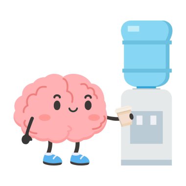 Su soğutucusunun yanında duran sevimli beyin çizgi film karakteri. Ofis molası, rahatlama, yaratıcılık ve akıllı iş yeri mizahı kavramı.