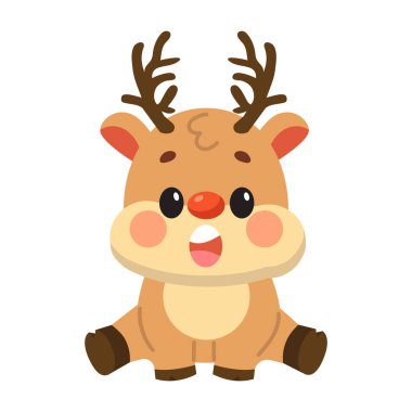 Mutlu yüzlü, neşeli, Noel kartları, dekorasyonlar ve tatil tasarımları için mükemmel olan sevimli ren geyikleri..