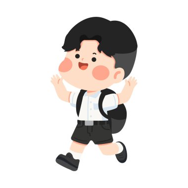 Öğrenci temalı tasarımlar, okul hayatı ve eğitim için mükemmel bir tasarım olan sırt çantasıyla mutlu bir şekilde yürüyen bir okul çocuğunun hoş bir tasviri..