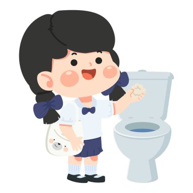 Eğitimsel illüstrasyon, bir kızın tuvalet yerine çöpe çöp attığını gösteriyor, hijyen ve çevre bilincini destekliyor..