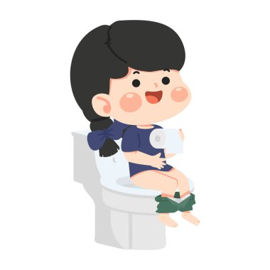 Eğitimsel görüntü, tuvalette düzgün bir şekilde oturan genç bir kızın hijyen tuvaleti eğitimi ve çocuk tuvaleti farkındalığı materyalleri için tasarlandığını gösteriyor.