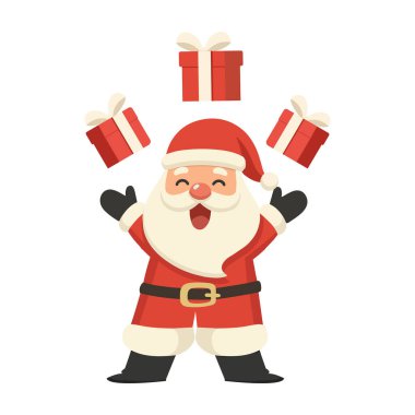 Neşeli Noel Baba neşeli bir gülümsemeyle renkli hediyeler veriyor. Klasik kırmızı takım elbisesini ve şapkasını giyiyor. Noel ve bayram teması için mükemmel..
