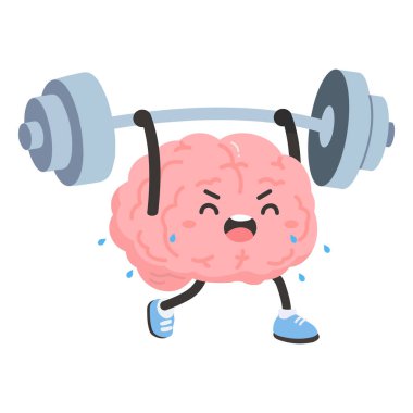 Zihinsel gücü, odaklanmayı ve kişisel gelişimi temsil etmek için ağırlık kaldıran bir beyin karakteri tasviri motivasyon veya eğitim temaları için mükemmel.