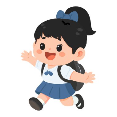 Okul hayatı için enerji, neşe ve hazırlık ifade eden, beyaz bir arka planda sırt çantasıyla koşan bir kız öğrencinin tasviri.