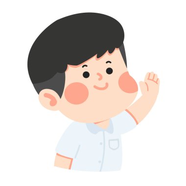 Neşeli bir çocuğun parlak bir gülümsemeyle elini sallaması arkadaşlığı, mutluluğu ve temiz beyaz arka planda sıcak bir karşılamayı simgeliyor..