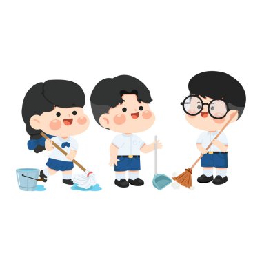 Neşeli öğrencilerin parlak beyaz bir arka planda süpürge, süpürge, süpürge ve faraş ile birlikte sınıfı temizlediği tasviri.