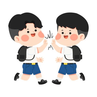 İki okul çocuğu, enerjik bir okul ortamında takım çalışması, güven ve pozitif etkileşimi ifade eden bir beşliği paylaşıyor..