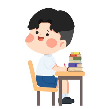 Odaklanmış bir çocuk masasında çalışır, konsantrasyon, iyi alışkanlıklar ve sakin bir sınıf ortamında pozitif bir öğrenme davranışı gösterir..