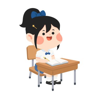 Bir liseli kız, eğitim temalarına uygun temiz ve düzenli bir sınıf atmosferi sunarak masasında odaklanmış ve sakin bir tavırla çalışır..