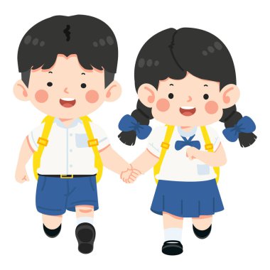 Bir grup okul çocuğu el ele tutuşurken, neşe, dostluk ve eğitici ve eğlenceli temalar için uygun canlı bir okul ortamı göstererek mutlu bir şekilde koşuyor..