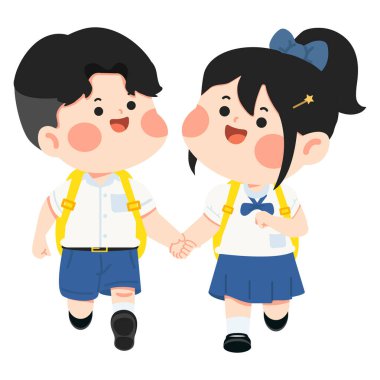 Bir grup öğrenci el ele tutuşurken, dostluk, takım çalışması ve neşeli enerji gösterirken, okul, eğitim ve oyuncu temalar için uygundur.