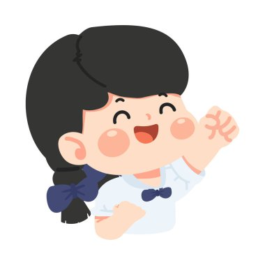 A joyful cartoon girl raising her hands in celebration, showing excitement and achievement, perfect for school, learning, success, and kid-friendly design content.