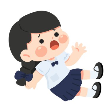 A cartoon girl slipping and falling with a surprised expression, arms flailing as she loses balance, perfect for kid scenes, safety themes, and playful illustrations.