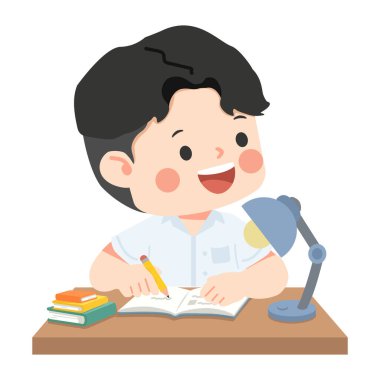 Masasında çalışan bir çocuk temiz bir geçmişe odaklanmış ve sakin bir enerjiye sahip, eğitim, okul malzemeleri, öğrenim kavramları ve gençlik içeriği için mükemmel.