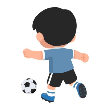 Enerjik çocuk hareketli bir hareketle futbol topunu tekmeliyor. Spor içeriği, futbol temaları, çocuk aktiviteleri ve atletik çizimler için mükemmel renkli çizgi film vektörü.