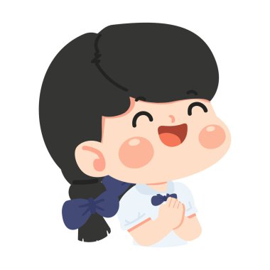 Modern bir çizgi film tarzında gülümseyen üniformalı neşeli bir kız öğrenci. Eğitim temaları, okul hayatı, çocukluk pozitifliği, öğrenme ve çocuk dostu tasarımlar için ideal.