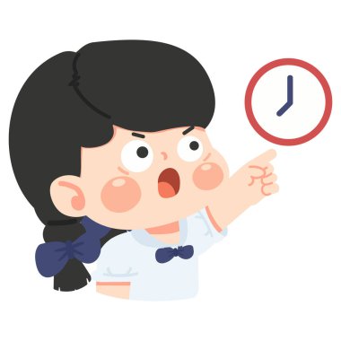 Bir karikatür kızı kızgın bir şekilde saatine bakar ve zaman yönetimi için ideal duygularını gösterir. Okul temaları ve çocuk çizimleri için.