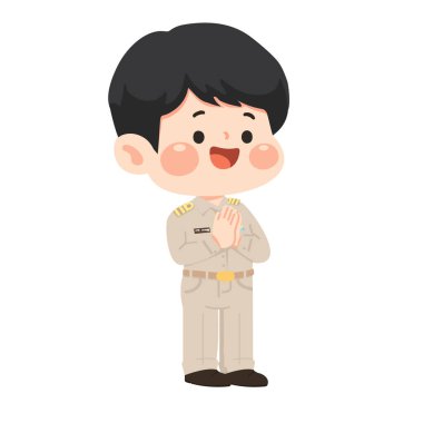 Kamu görevlerini temsil eden dostane üniformalı bir şahsiyet kültürel değerler yönetimi rolleri ve pozitif sivil iletişim anlarını inceliyor.