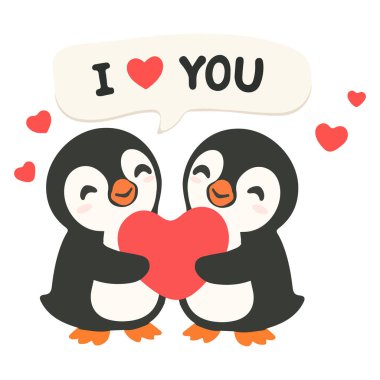 Sevgi dolu bir kutup çifti birbirlerine olan sevgilerini ifade ediyor. Arkadaşlık, çocukların maskot kullanımı ve sıcak duygusal iletişim konsepti.