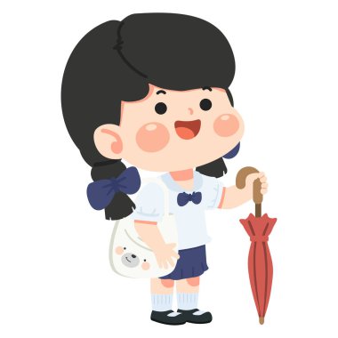 Yağmur mevsiminde hava koruması için şemsiye tutan genç bir öğrenci, eğitim programının okul konseptine ve güvenlik yürüyüşüne geri döndüğünü gösteriyor.