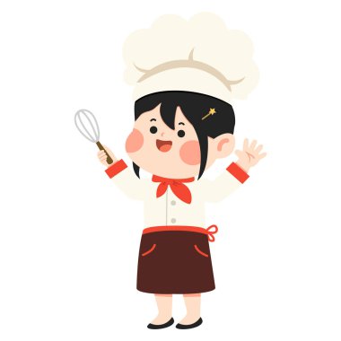 Profesyonel beyaz şapka ve önlük takan yakışıklı genç aşçı çocuk mutfak aktivitelerini sağlıklı yemek hazırlama ve çocukluk hayali kavramını gösteriyor.