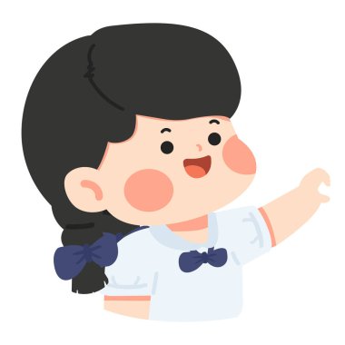 Sevgi, dostluk, şefkat ve eğitim için düz vektör illüstrasyon tarzında olumlu duygular için elleriyle kalp işareti gösteren genç bir kız öğrenci.