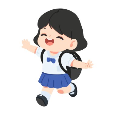 Sırt çantalı neşeli genç kız. Gülümsüyor ve eğitime hazır. Eğitim yolculuğunu gösteriyor.