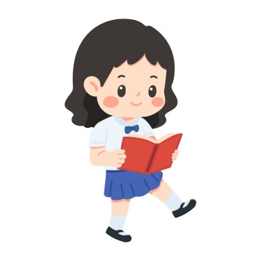 Öğrenci kız çocuk eğitimi bilgisini ve hikaye anlatma konseptini düz vektör tarzında gösteren öğrenim ve keşif kitabı okuyor.