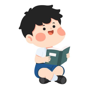 Çocukluk eğitimi, okuma yazma bilgeliği ve düz vektör tarzında hikaye anlatma kavramını göstermek için oturan ve kitap okuyan sevimli genç bir çocuk.