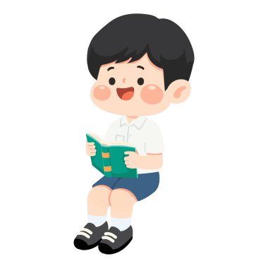 Rahat bir şekilde oturan ve açık bir kitap okuyan genç bir çocuğun hoş bir atmosferde basit bir düz vektör tarzında eğitim ve çocukluk hayalgücü kavramının tadını çıkaran hoş bir çizimi.