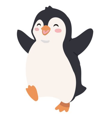 Kanatları açık gülümseyen mutlu bir penguenin büyüleyici bir resmi. Kış tatili ve neşeli hayvan konsepti için düz vektör tarzında sevimli, uçamayan bir kuş karakteri.