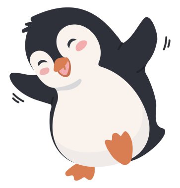 Neşeli yavru penguen çizgi film karakteri dans ediyor ve mutlu bir ifadeyle kutluyor. Uçamayan sevimli kuş, kış partisi için düz vektör şeklinde atlıyor ve beyaz arka planda izole edilmiş çocukluk konsepti.