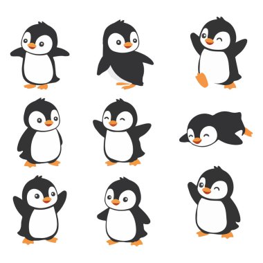 Sevimli yavru penguen çizgi film karakterleri farklı hareketler ve duygular gösteriyorlar. Buna mutlu üzgün, kızgın, şaşırmış ve etiketler ve simgeler için düz vektör tarzında dans eden sevimli kutup kuşları da dahil.