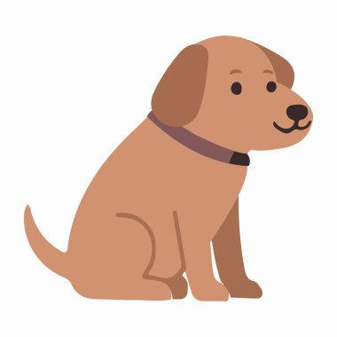 Sevimli kahverengi köpek yavrusu karakteri sabırla oturuyor ve ileriye bakıyor. Düz çizim tarzında basit bir evcil köpek ve beyaz arka planda izole edilmiş hayvansever konsepti.