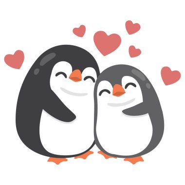Sevimli penguen çifti, sevgililer günü ve beyaz arka planda izole edilmiş romantik konsept için sevgi ve özeni ifade eden sevimli kutup kuşu karakterlerinin üzerinde yüzen pembe kalpleriyle birbirlerine sarılıyorlar.