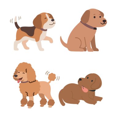 Sevimli dört köpek yavrusu bir arada duruyor. Sevimli köpek yavruları. Köpek yavrusu, köpek yavrusu, köpek yavrusu, köpek yavrusu ve hayvan severler ve hayvan topluluğu konsepti için düz çizim tarzı köpek.