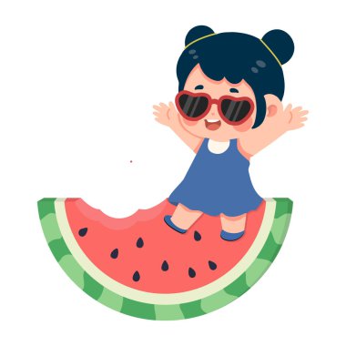 Neşeli bir yaz karakteri neşe dolu bir an yaşıyor. Tazelik, tropikal ruh hali gençlik enerji tatili hissi ve parlak mevsimsel yaşam tarzı kavramı gösteriyor.