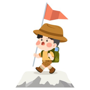 Zirveye ulaşan cesur bir çocuk, yaratıcı görsel konsepti öğrenen çocuklar için başarı keşfi macera ve hayal gücü gösteriyor.